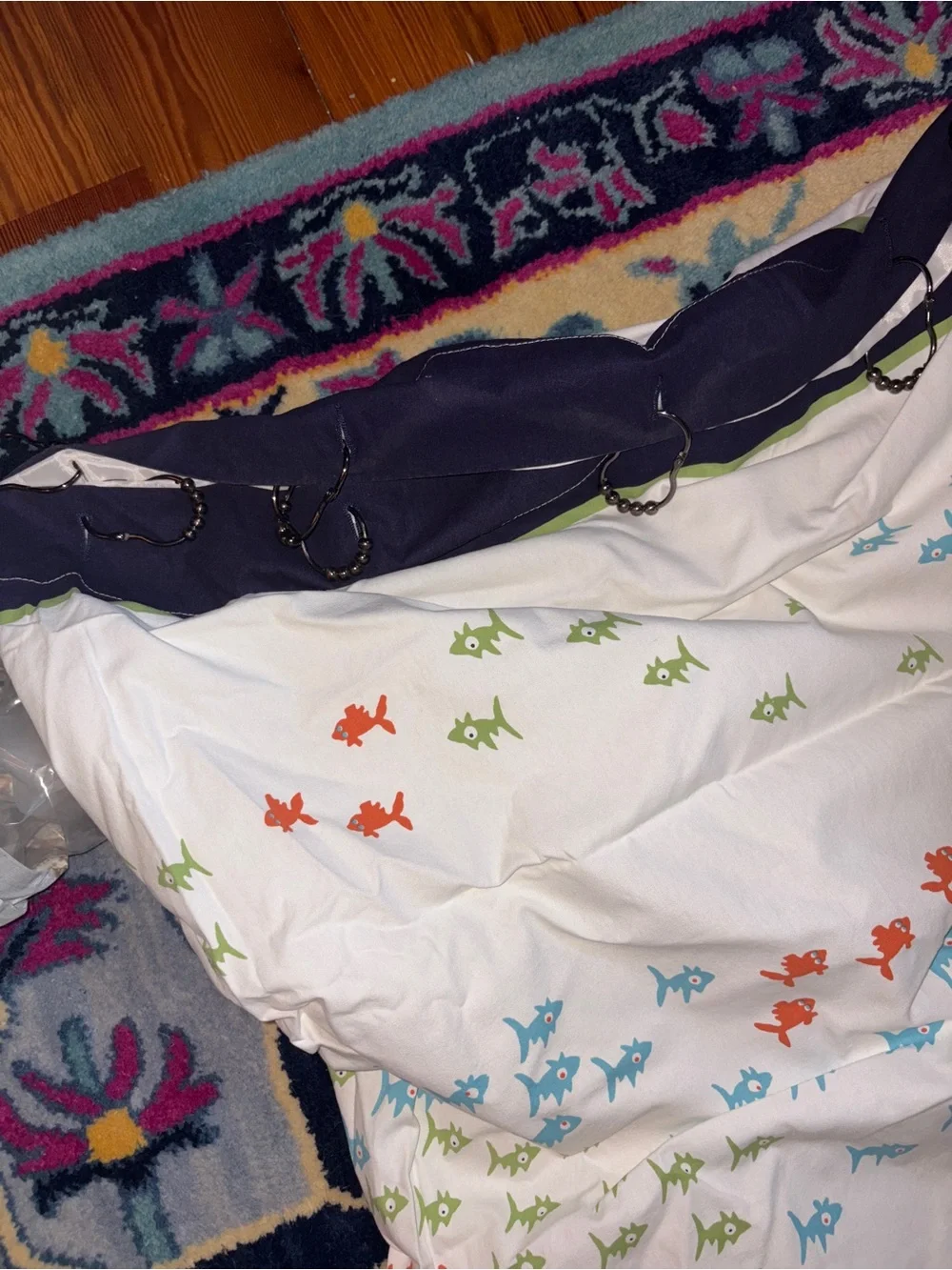 Pottery Barn Kids Blue Shark Shower Curtain with Multicolor Fish liner hooks set